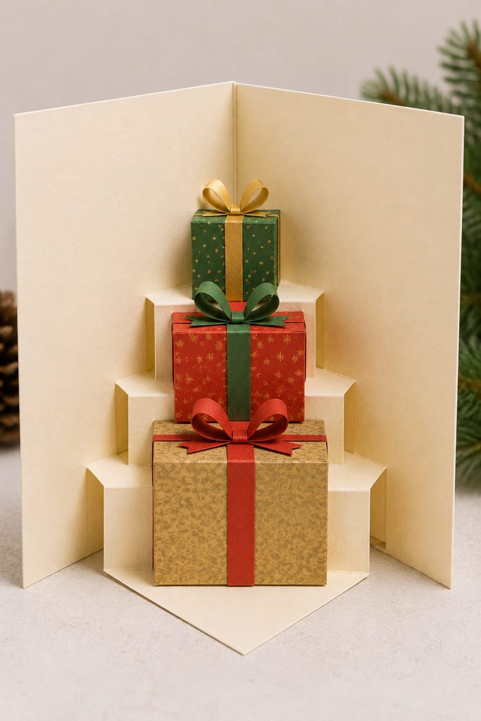 Open Christmas card with three paper presents raised on a stepped pop-up platform.
