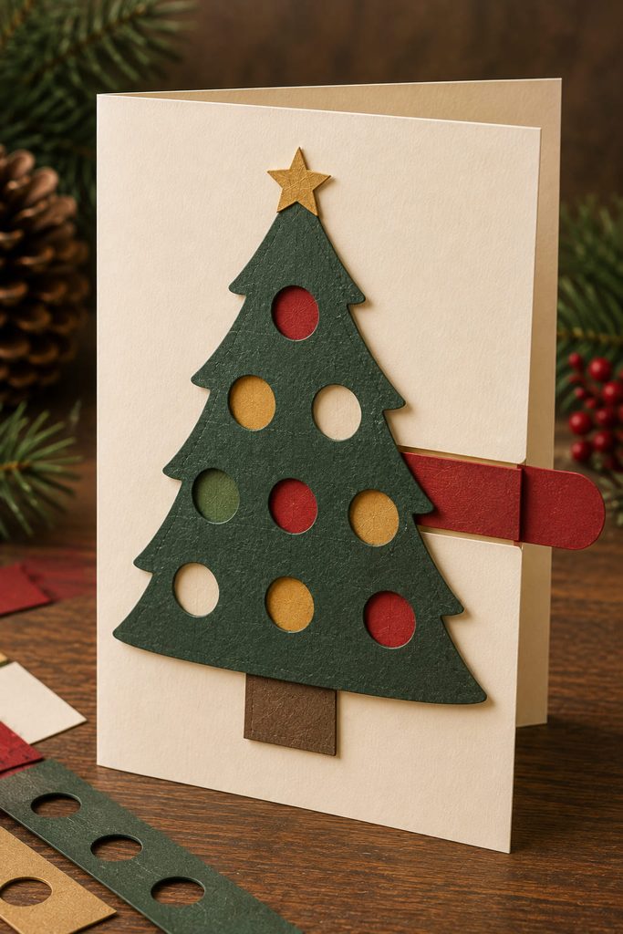 Pull-tab Christmas tree card with colored paper showing through round openings in the tree layer.
