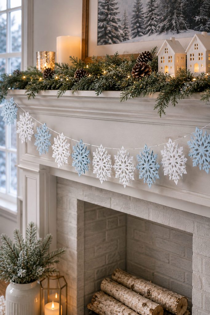 Repeating cut snowflake garland strung evenly across a winter mantel.
