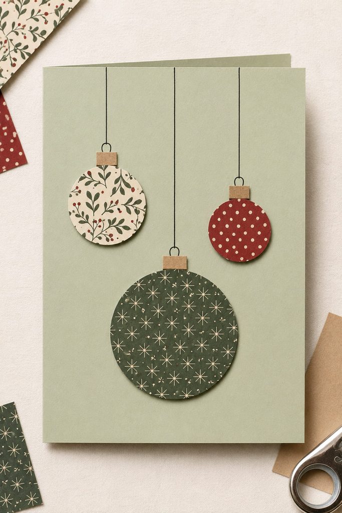 Sage Christmas card with three hanging paper ornaments cut from coordinated scraps.
