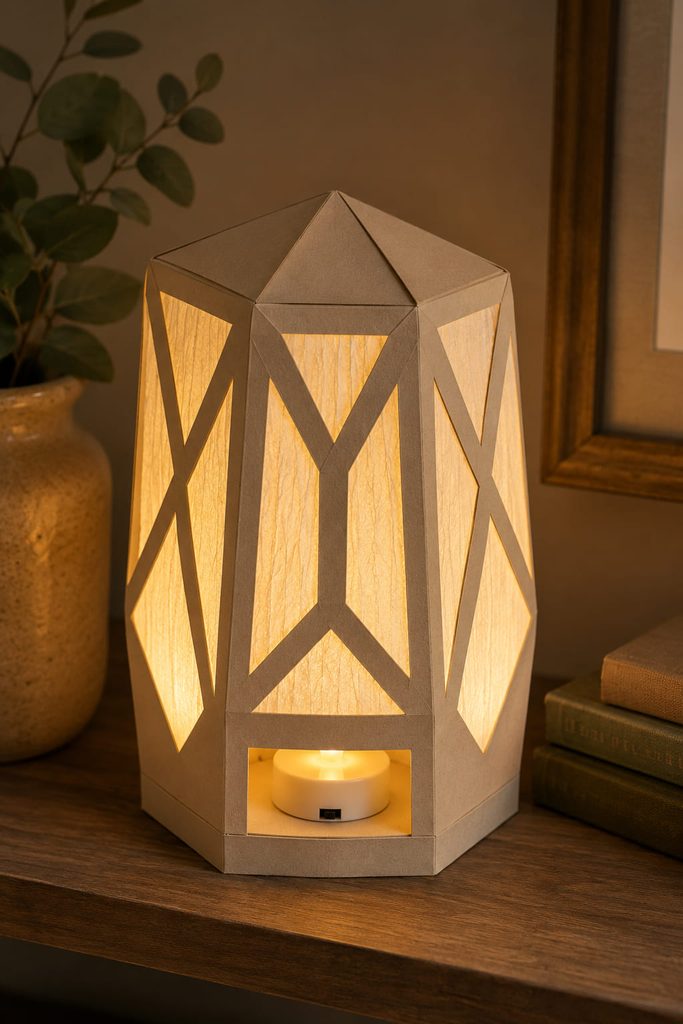 Pale crepe paper diffuser glowing inside a geometric battery LED tabletop luminary.