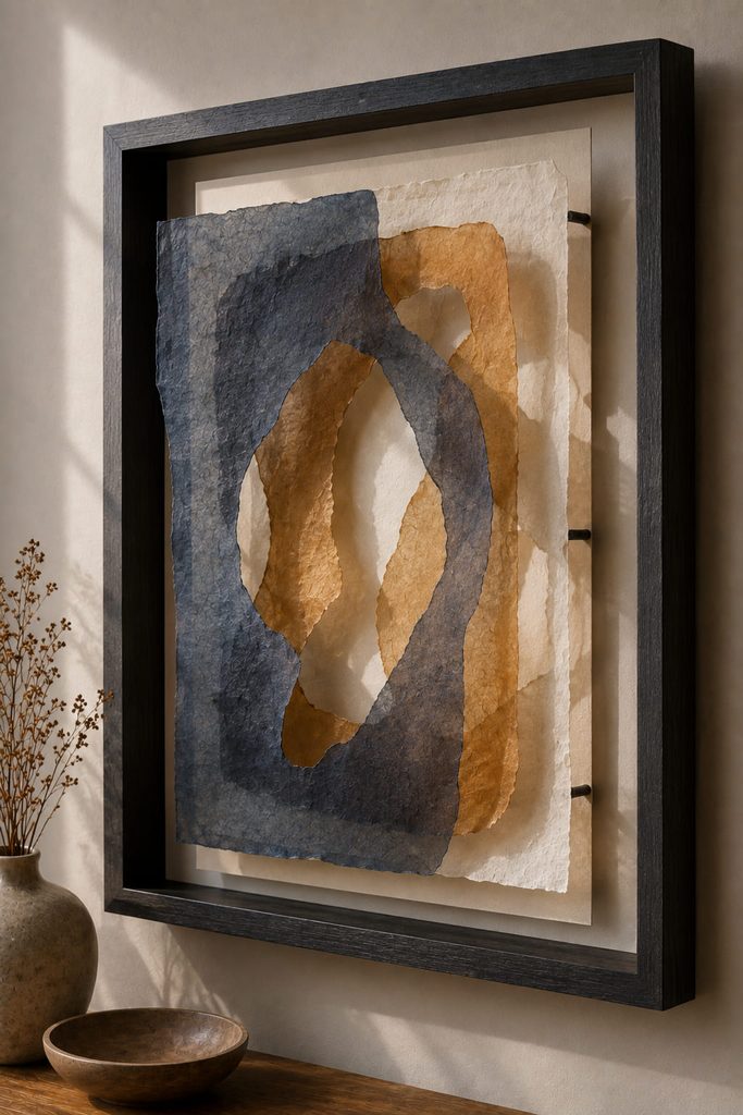 Deep frame with separated translucent tissue layers casting soft shadows through overlapping openings.