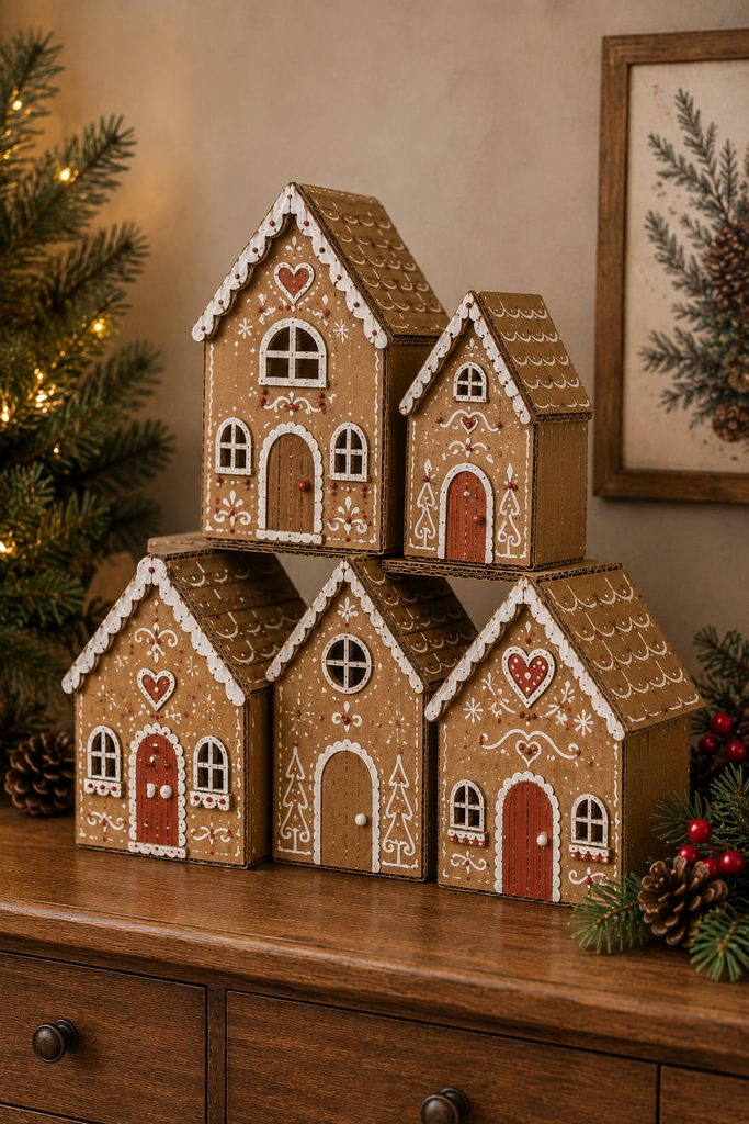 Modular cardboard gingerbread house village arranged in a low stackable holiday display.