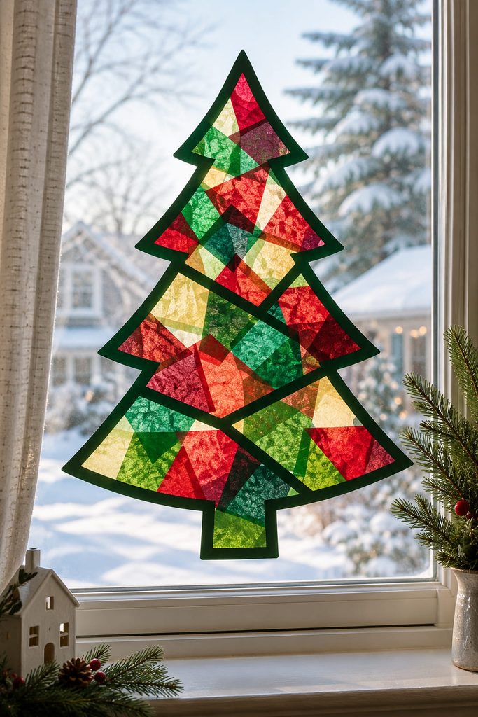 Backlit tissue paper mosaic Christmas tree window decoration inside a thin cardstock frame.