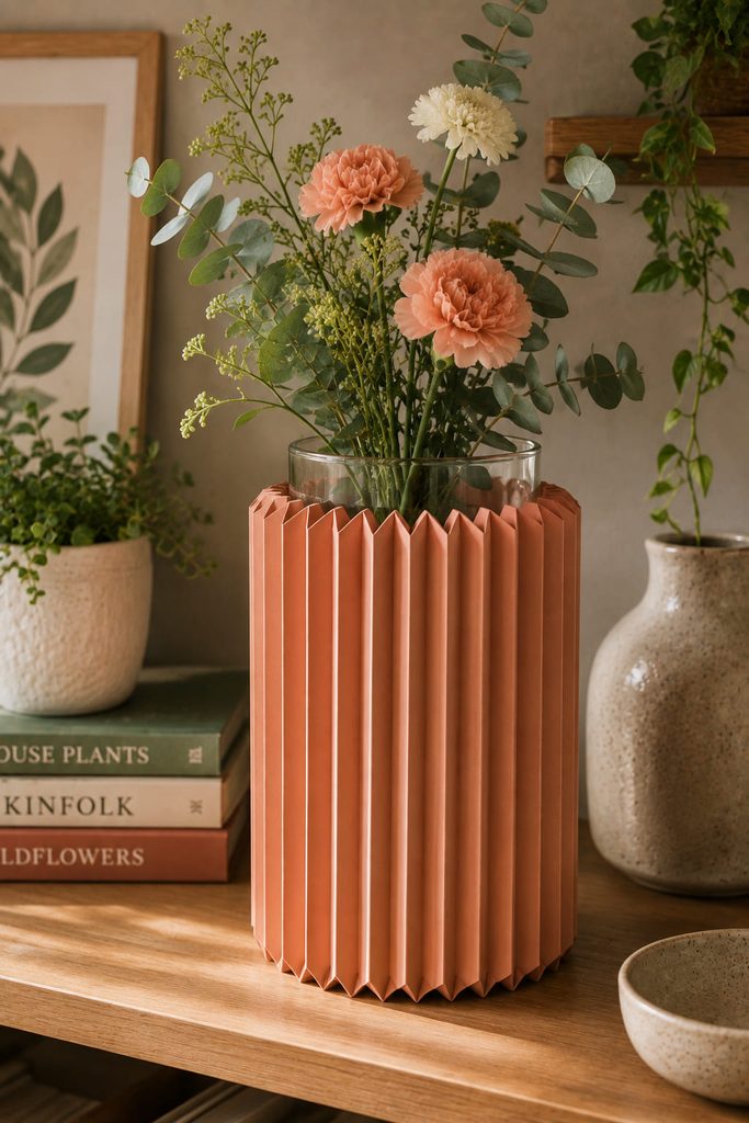 Accordion-fold paper sleeve fitted around a glass flower vase on a shelf.
