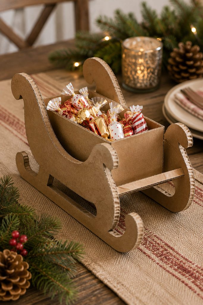 Cardboard sleigh treat caddy with a closed inner tray, side runners, and wrapped treats.