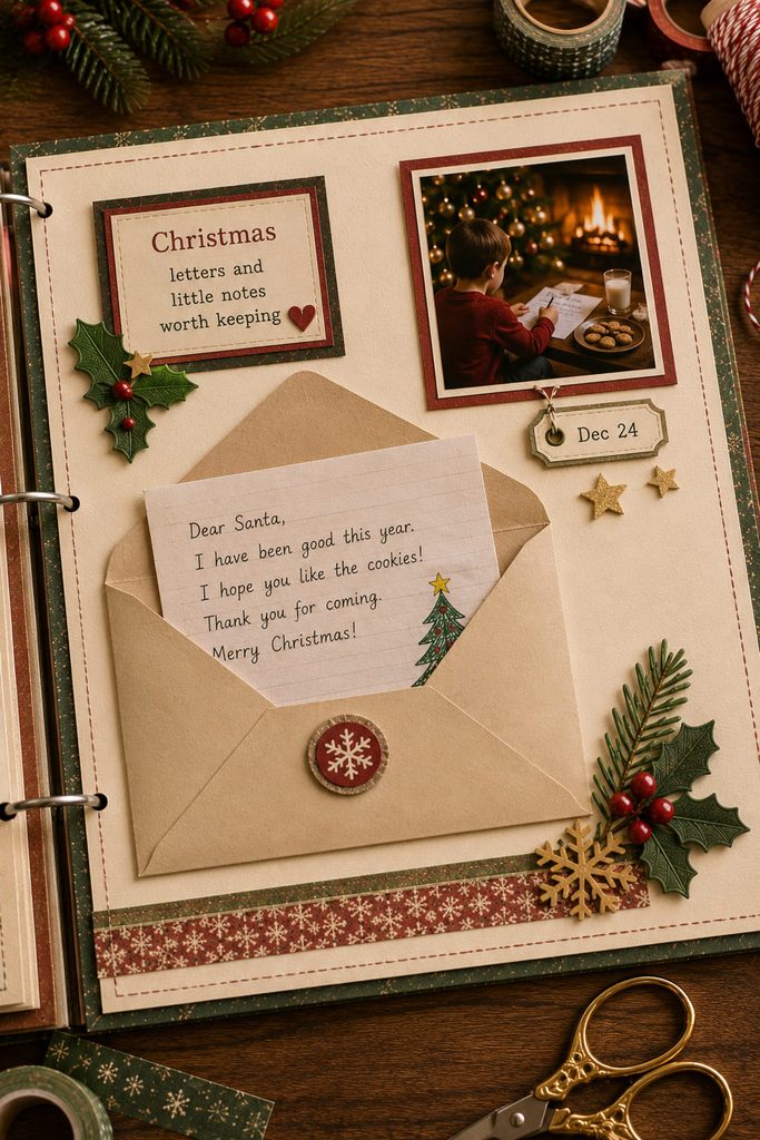 Flat scrapbook envelope holding a folded handwritten Santa letter beside a small Christmas photo.