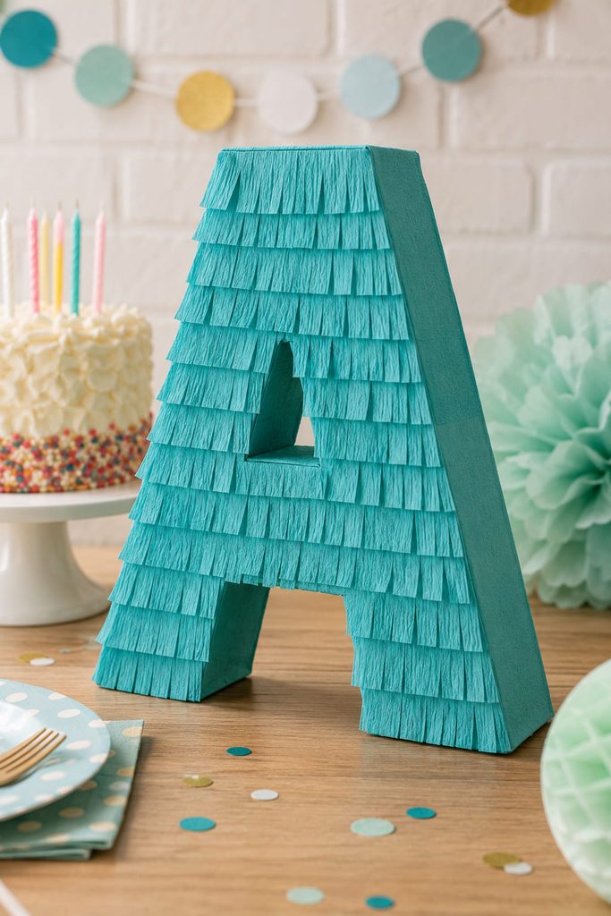 Freestanding party letter covered with layered turquoise crepe paper fringe.