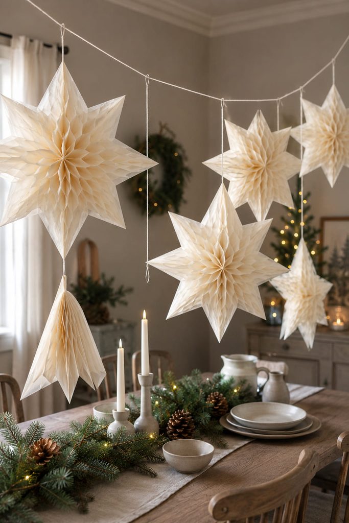 Honeycomb tissue paper stars suspended above a Christmas dining table.