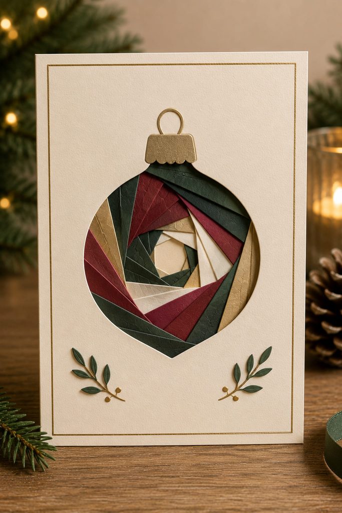 Iris-folded Christmas ornament window made from overlapping paper strips on an ivory card.