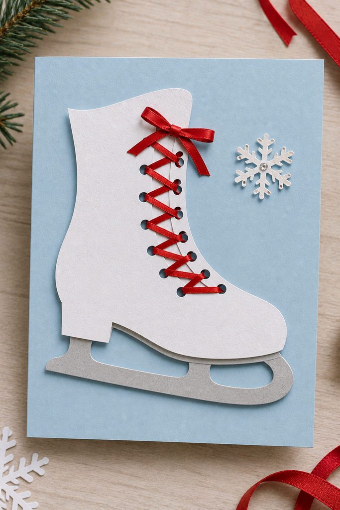 Paper ice skate Christmas card with punched holes and red crisscross lacing.