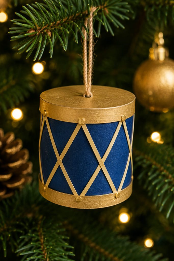 Small cardboard tube drum ornament with round end caps and crossed paper lacing.