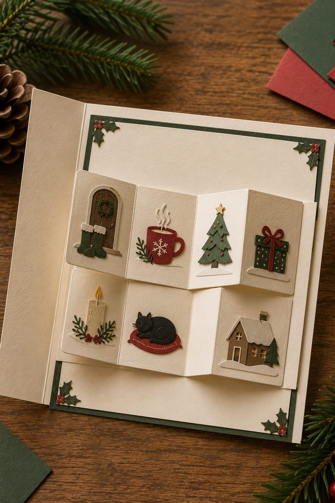 Christmas card with a tiny folded paper story booklet filled with simple holiday vignette icons.