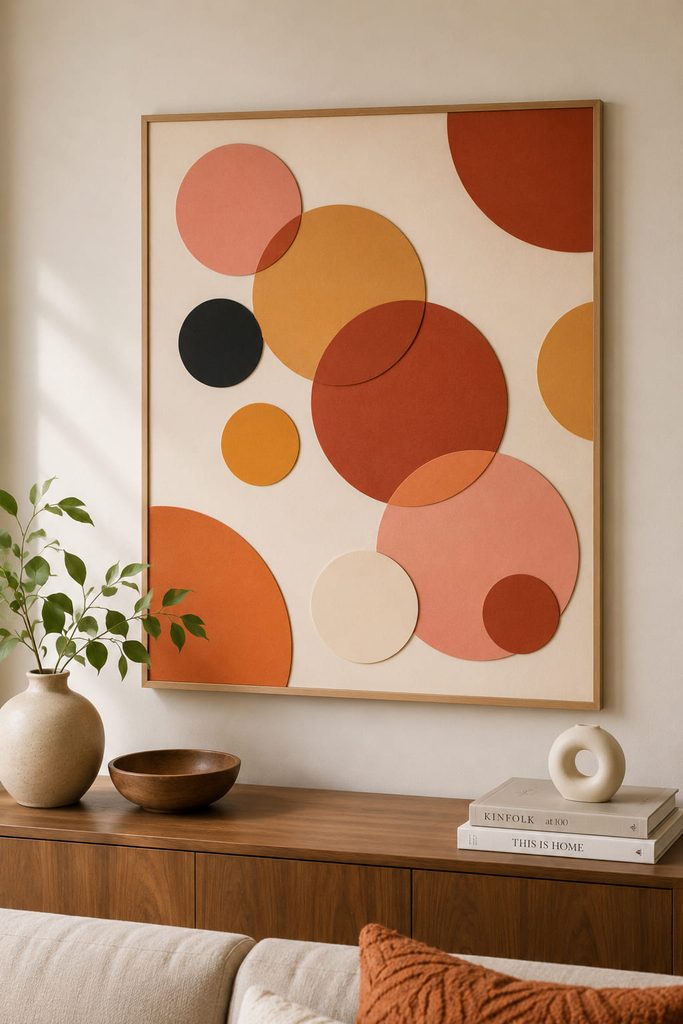 Flat color-block paper artwork made from overlapping circles of different sizes.