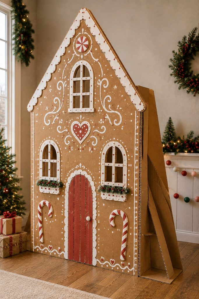 Oversized cardboard gingerbread house photo backdrop supported by broad rear braces.