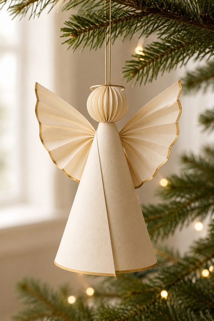 Ivory paper cone angel ornament with broad folded wings and a lightweight paper head.