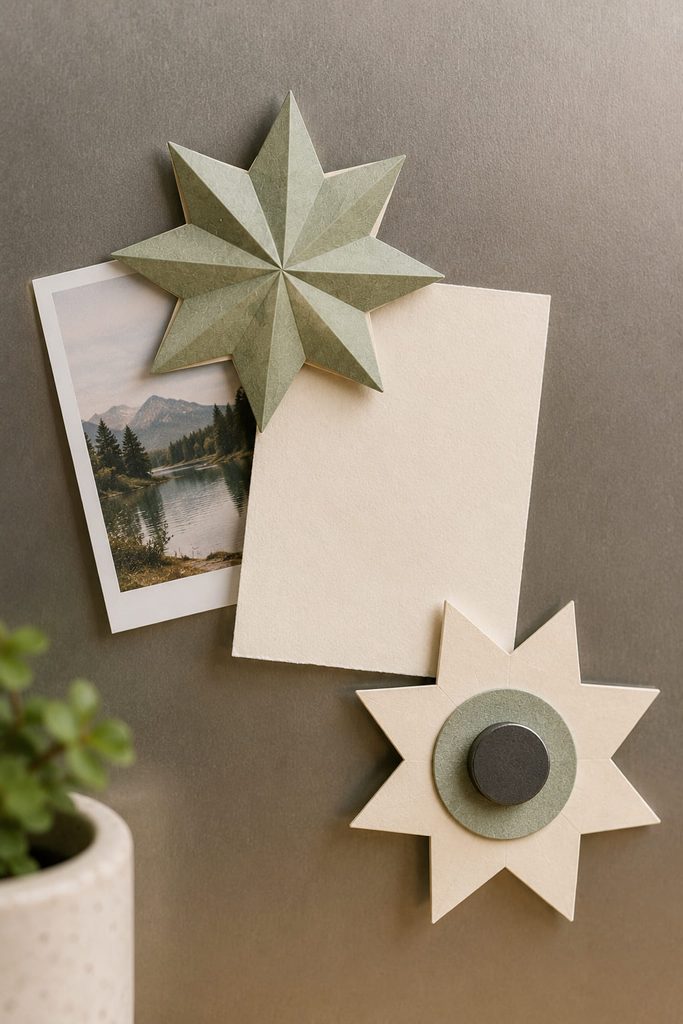 Reinforced paper star magnet holding a lightweight note and photo on a magnetic board.