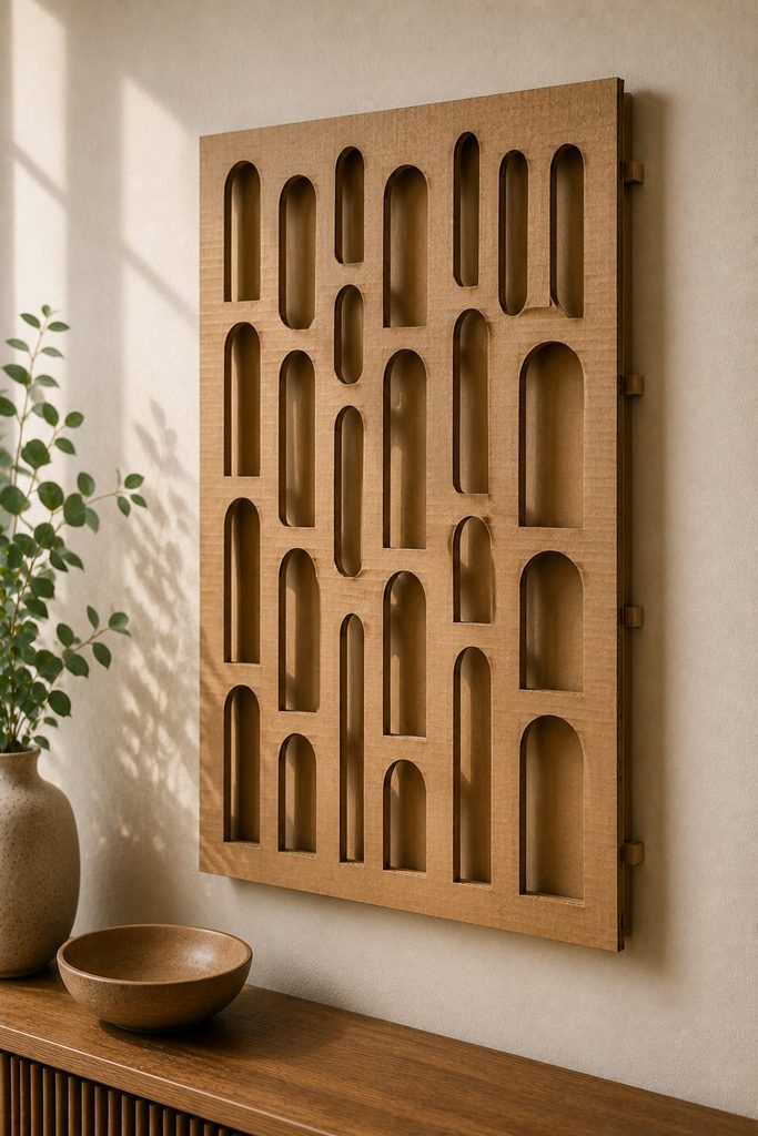 Pierced cardboard lattice panel raised on spacers so the cut openings cast shadows.
