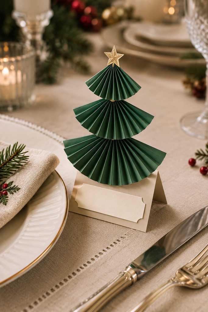 Pleated fan Christmas tree place card with layered paper tiers beside a holiday dinner plate.