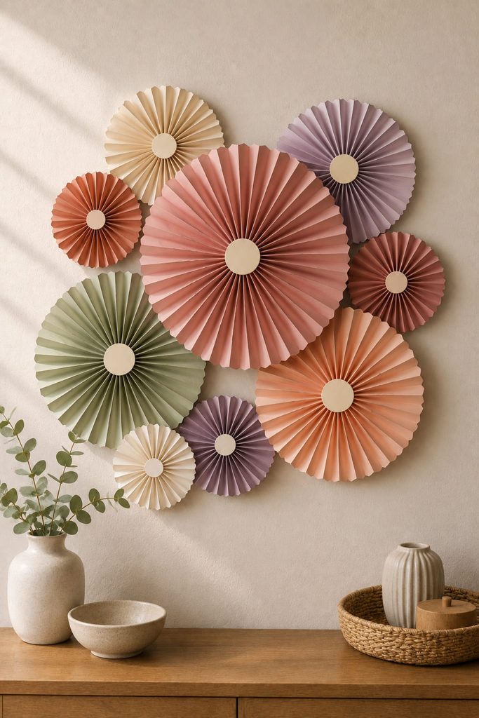 Pleated paper rosette medallions in varied sizes arranged as dimensional handmade wall decor.