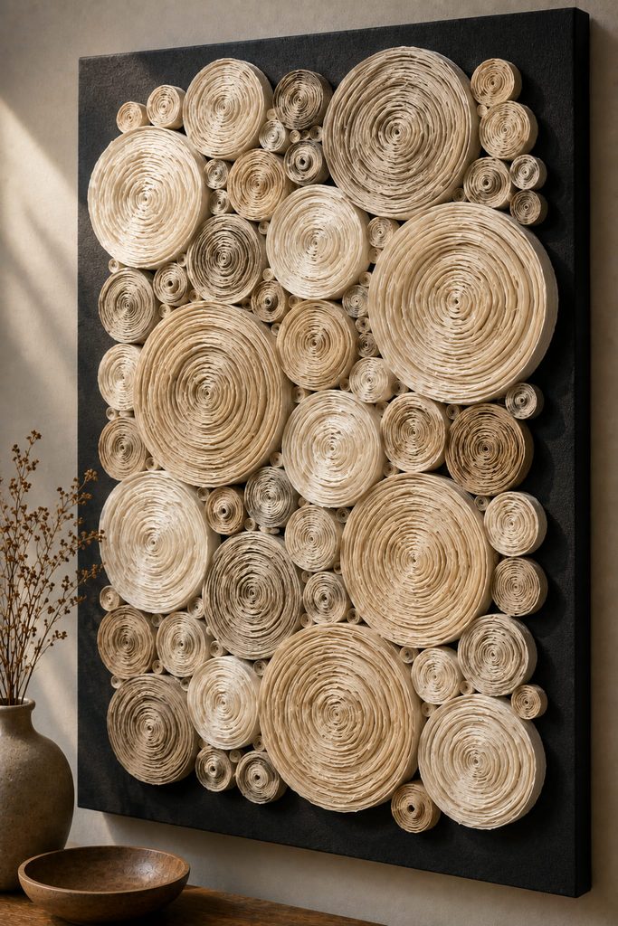 Rolled tissue cords spiraled into layered cream coils on a dark modern wall panel.