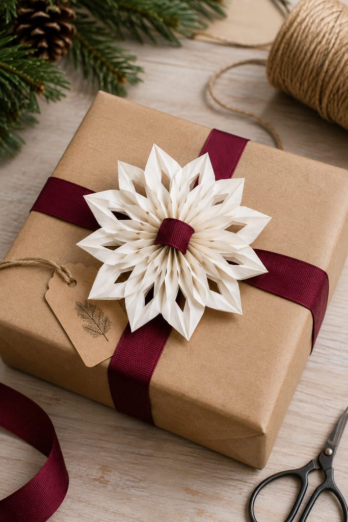 Small white snowflake topper secured to a kraft gift box with a burgundy ribbon channel.