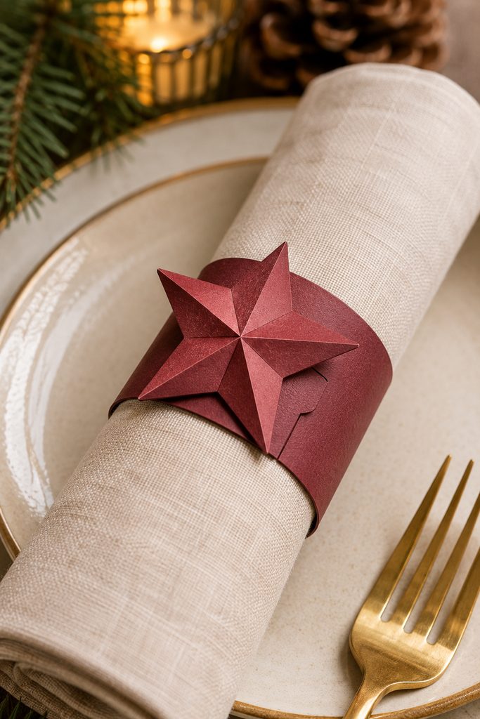 Paper napkin ring topped with a lightly scored star for holiday table decor.