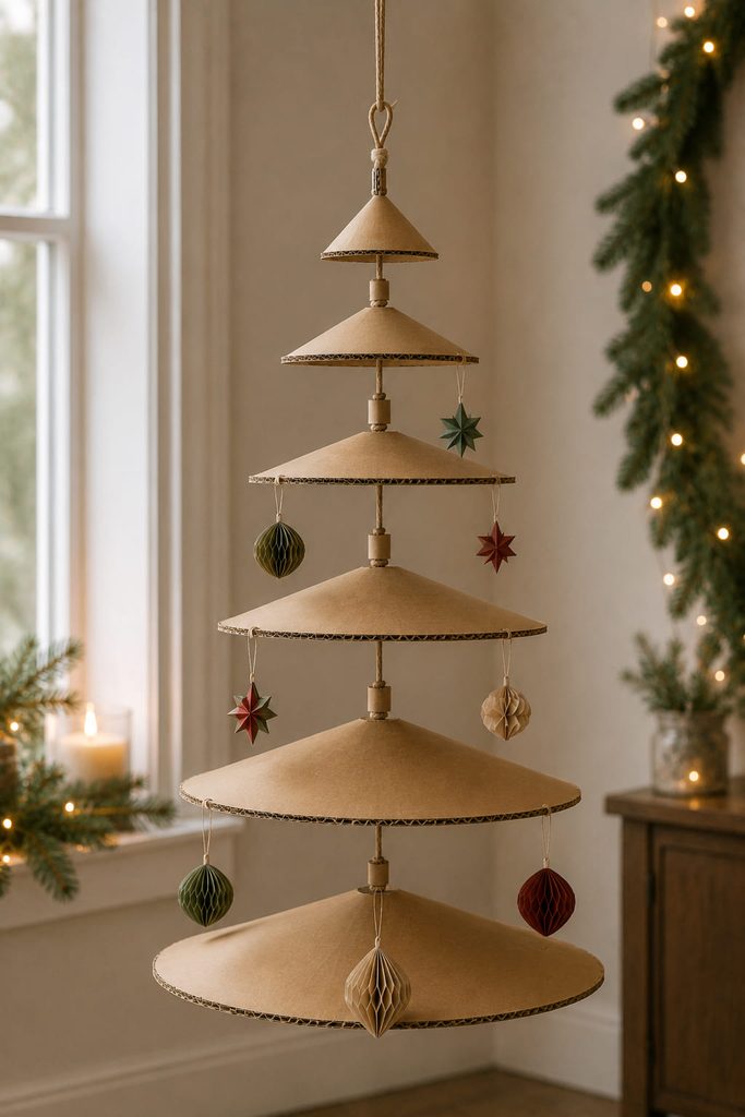 Suspended cardboard tiers forming a lightweight Christmas tree mobile.