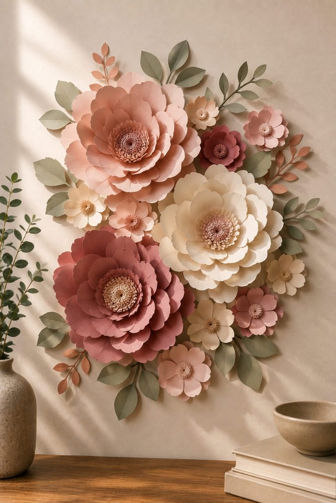 Dimensional paper flower wall cluster with deep focal blooms and flatter filler flowers.
