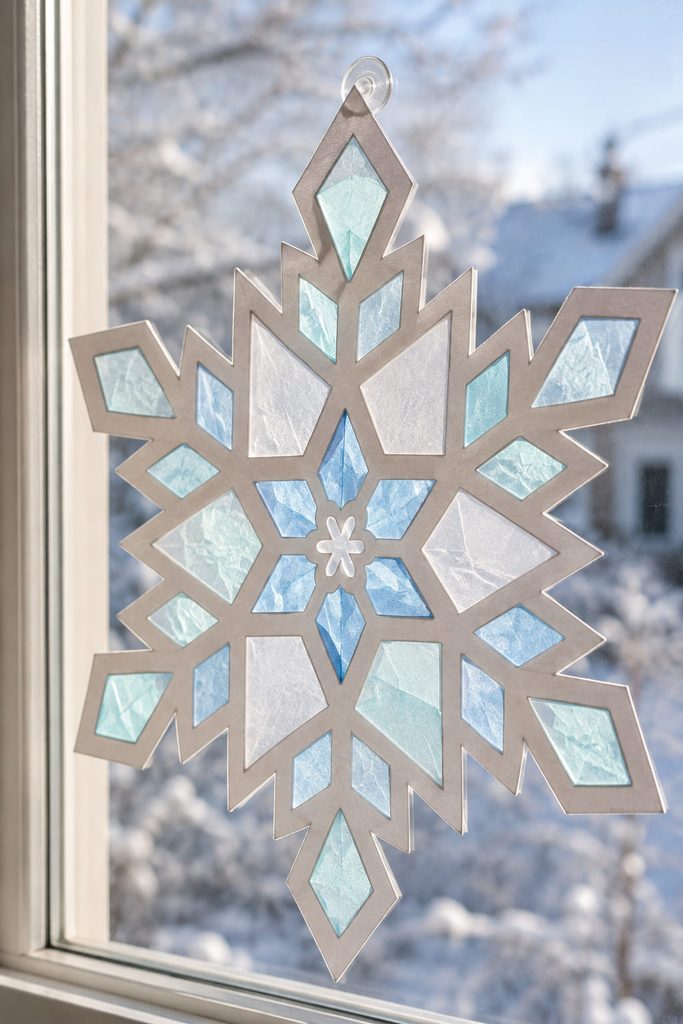 Translucent snowflake suncatcher with vellum and tissue glowing in daylight at a window.