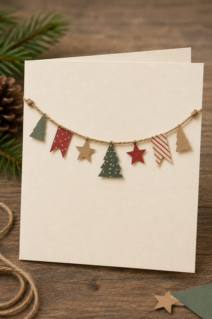 Cream Christmas card with a relaxed twine garland and small flat paper holiday shapes.