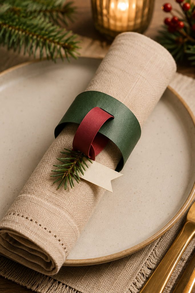 Two linked cardstock loops forming a clean napkin cuff for a Christmas place setting.