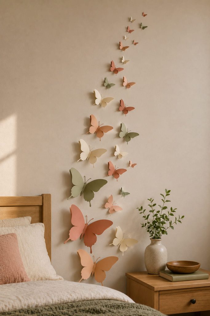 Folded 3D paper butterflies rising in a loose curved trail up a wall.