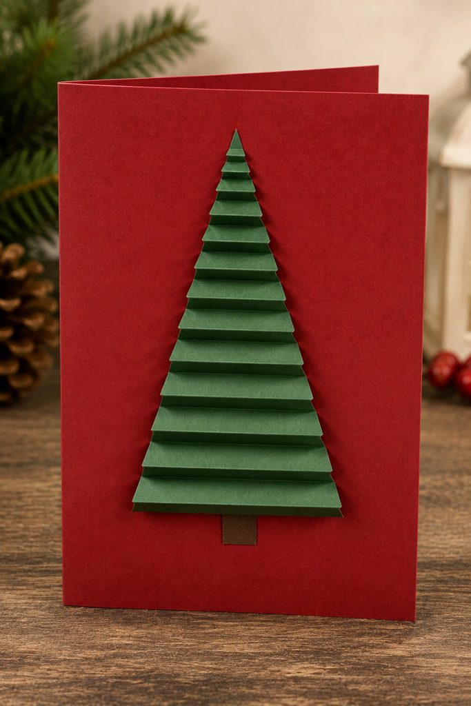 Deep red Christmas card with a green triangular tree shaped by simple horizontal accordion folds.