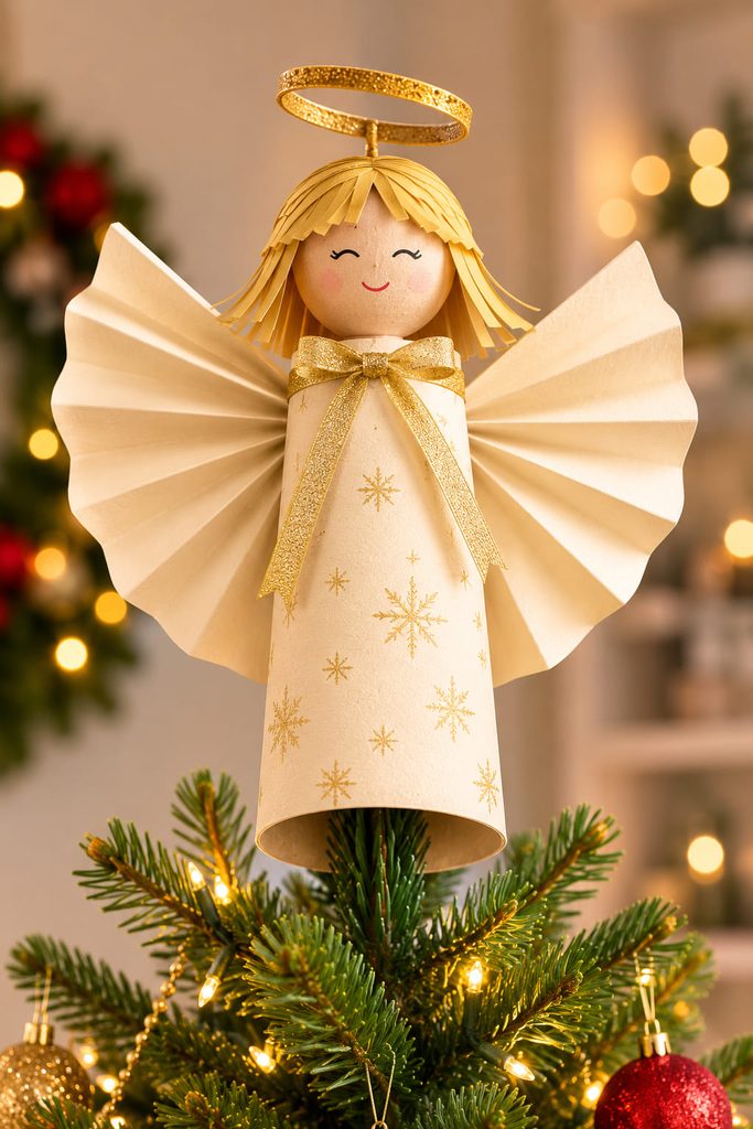 Angel tree topper made from an open cardboard tube sleeve with folded paper wings and halo.