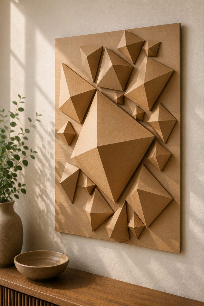 Folded cardboard pyramid and diamond facets arranged as an asymmetric geometric wall sculpture.