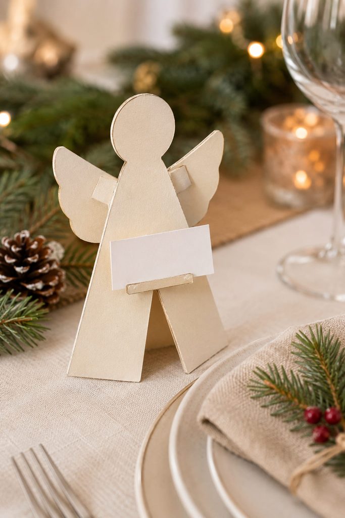 Fold-flat cardboard angel place card with a scored V-shaped stand and blank removable paper slip.