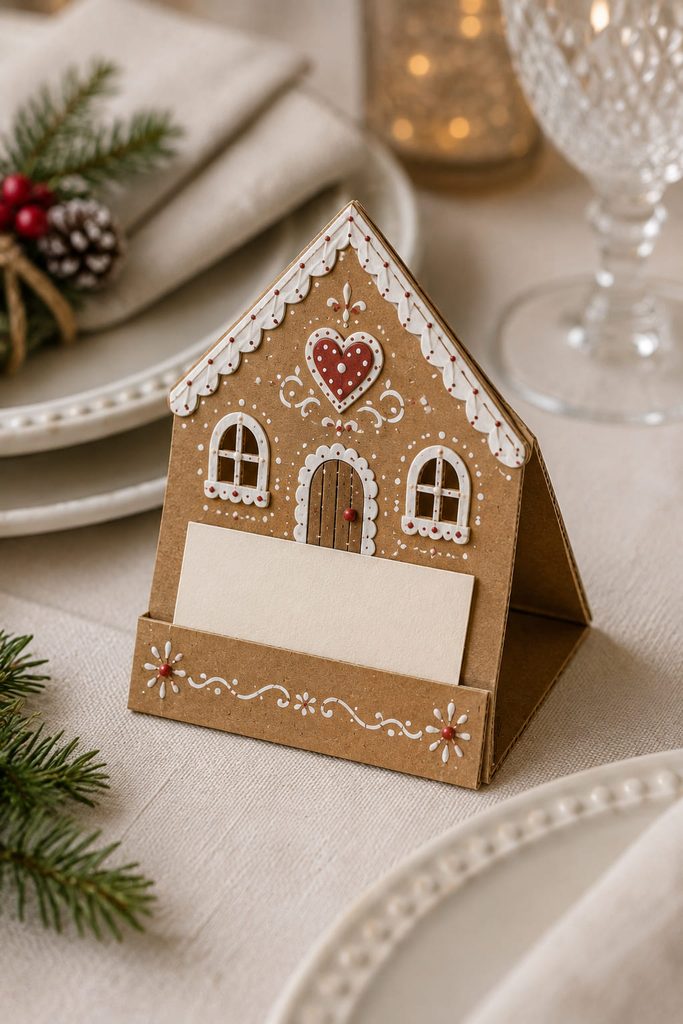 Fold-flat gingerbread house place card stand made from thin cardboard with a removable blank insert.