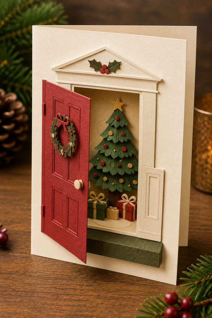 Hinged paper doorway card with an open flap revealing a small layered Christmas tree scene inside.