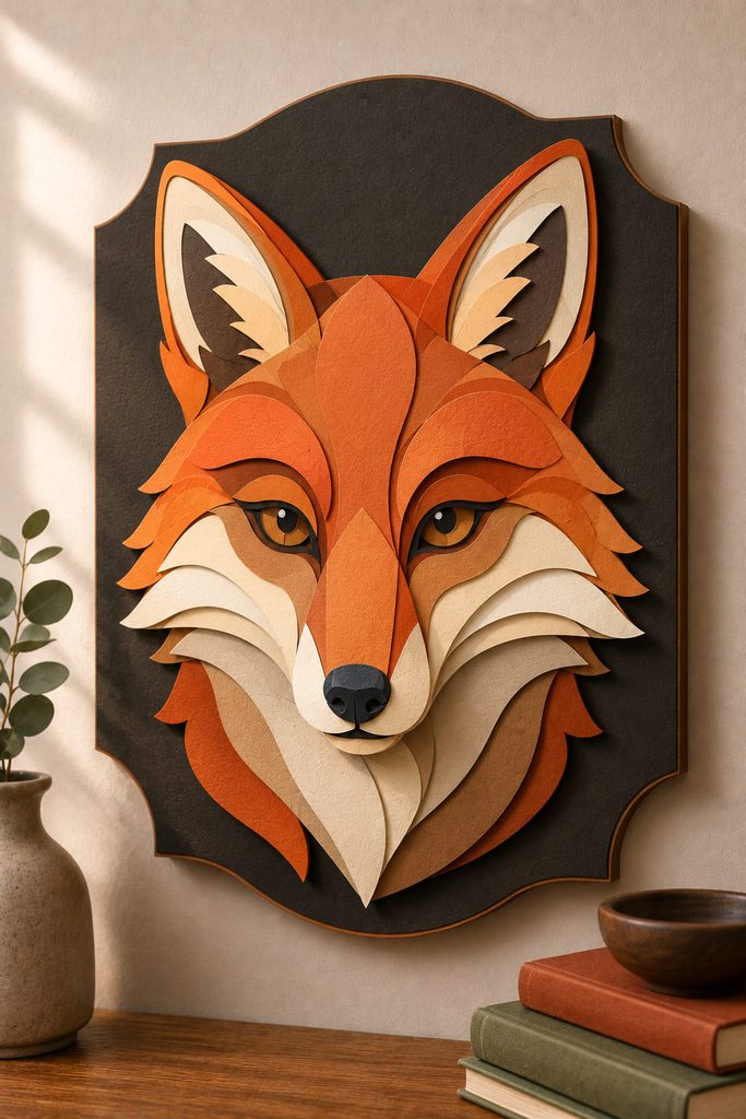 Layered cardstock fox portrait built from broad facial contour shapes on a wall plaque.