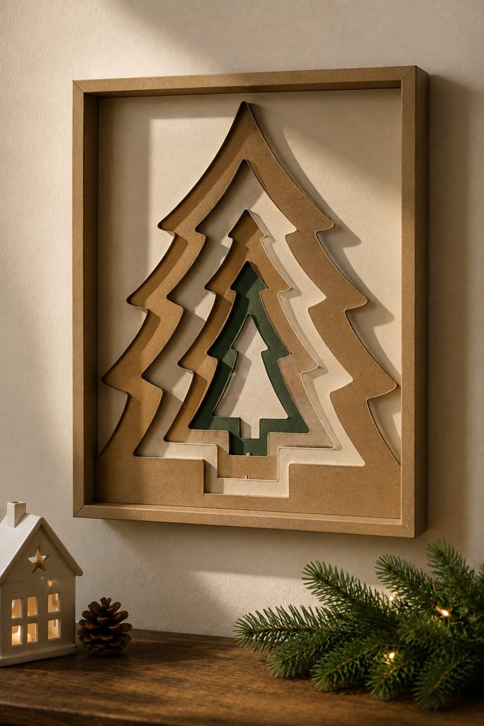 Layered cardboard Christmas tree contours creating deep shadows inside a frame.