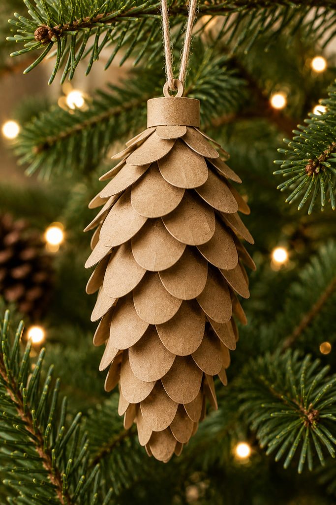 Kraft paper pinecone ornament built from overlapping teardrop-shaped scales.