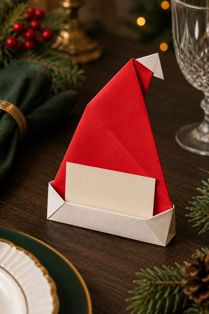 Red origami Santa hat standing at a table with a blank place card tucked into its brim.