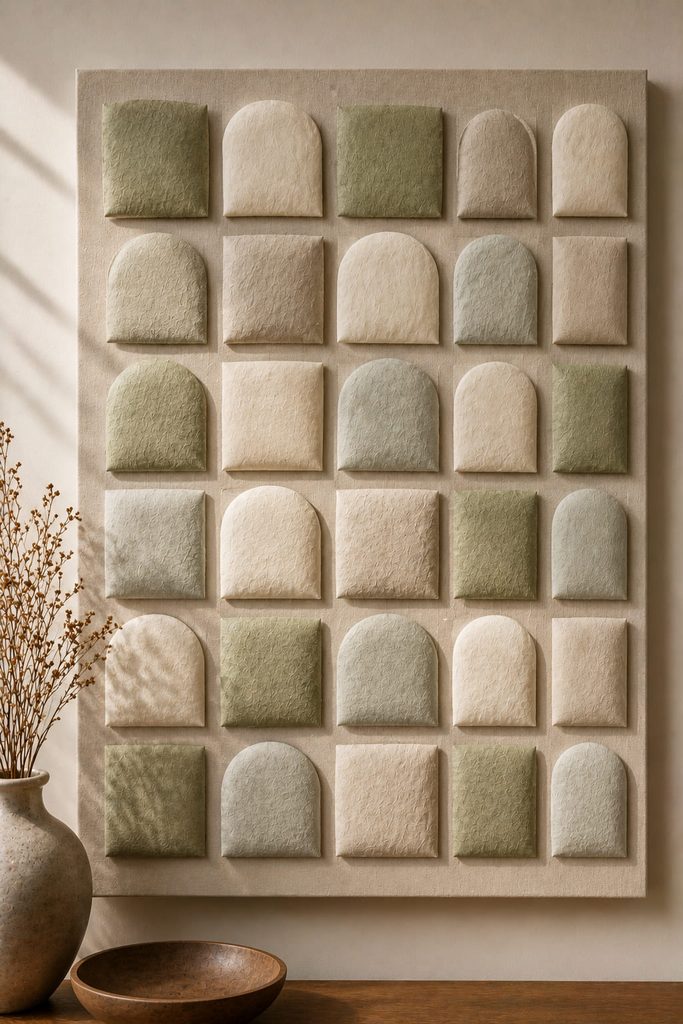 Grid of softly padded tissue-covered tiles in sage, cream, and muted neutral tones.