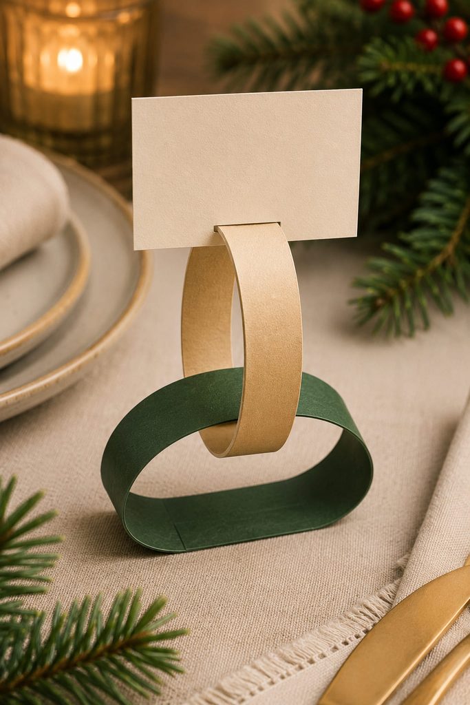 Freestanding two-ring paper-chain arch holding a blank place card on a holiday table.
