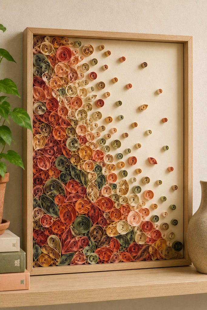 Framed quilled paper color field with dense coils fading into open negative space.