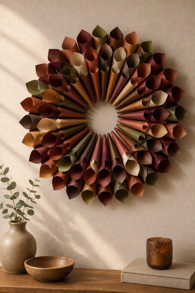 Rolled paper cone wreath with tapered cardstock forms radiating around an open circular center.