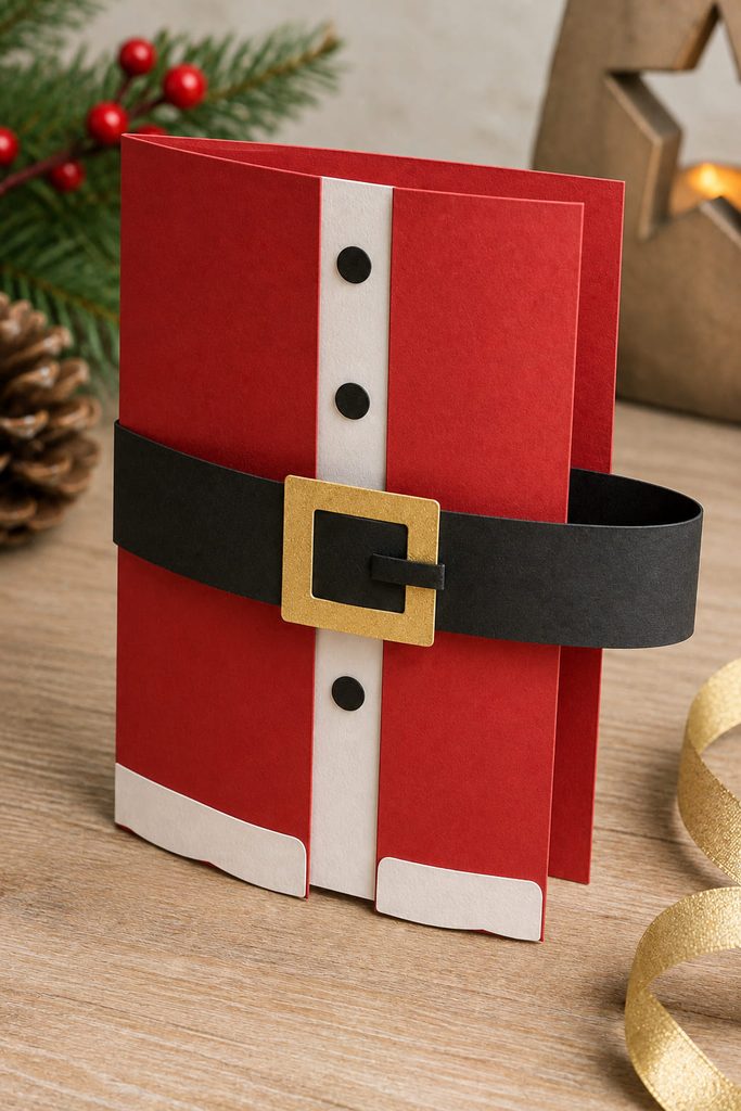 Red Santa suit gatefold Christmas card closed with a removable black paper belt band.