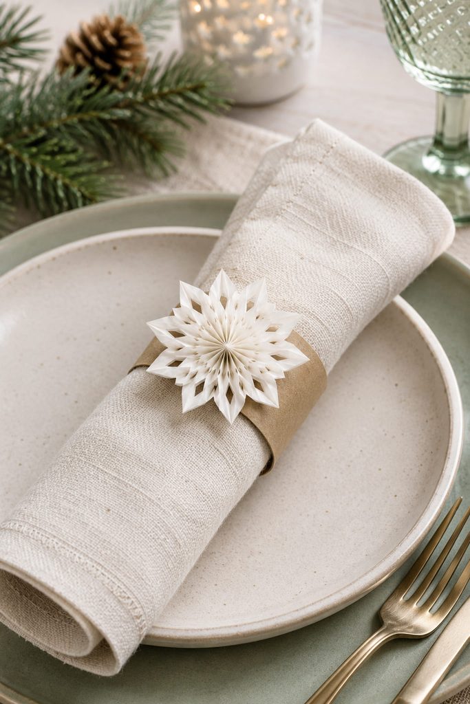 Mini bag snowflake attached to a cardstock napkin ring around cream winter linen.