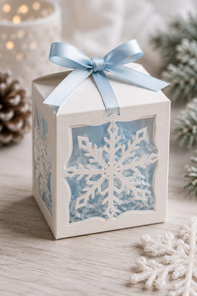 Cardstock favor box with a vellum-backed snowflake window and closed tuck-top lid.